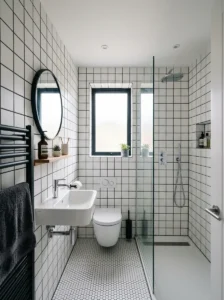 Small bathroom with black grout tile grid design