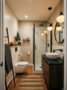 Small black bathroom with soft lighting and cozy design