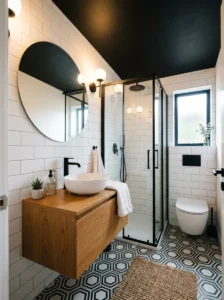 Small bathroom featuring a dramatic black ceiling and white walls