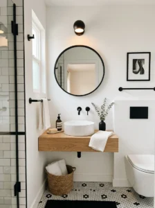 Small white bathroom with black fixtures and modern decor