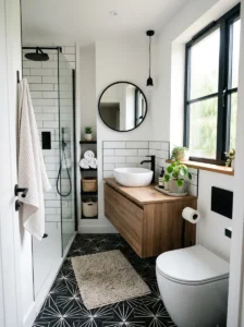 Black and white patterned floor tiles in a compact bathroom