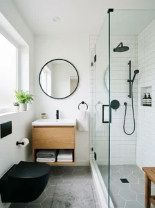Frameless glass shower in a small black and white bathroom