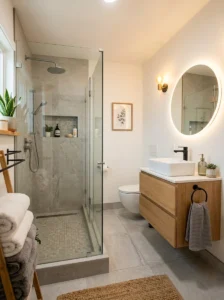 Glass shower doors making a small bathroom feel open