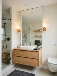 Large mirror making a small bathroom appear bigger