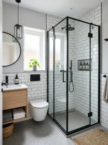 Black shower frame with glass panels small bathroom