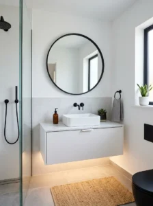 Floating white vanity with black accents in a small bathroom
