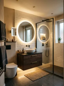 Warm layered lighting making a bathroom feel brighter and larger