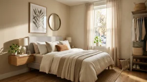 Modern small bedroom with stylish space-saving decor and cozy neutral design