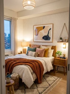 Colorful small bedroom decor adding warmth and personality to the space