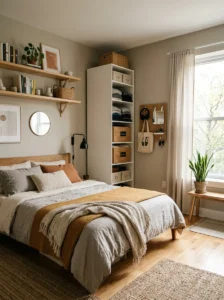 Vertical wall storage ideas for maximizing space in a small bedroom