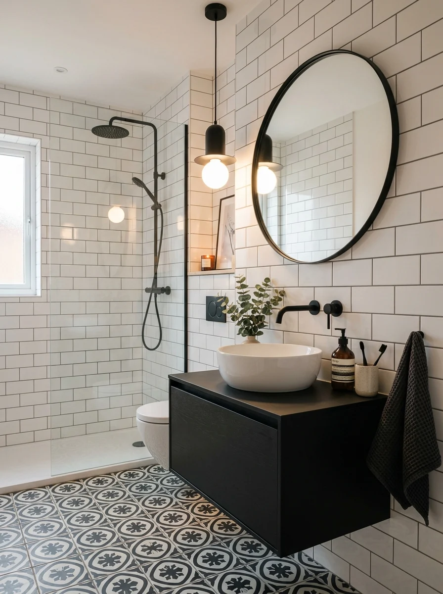 Small black and white bathroom with modern floating vanity and subway tiles
