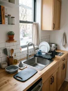 Foldable kitchen accessories saving space in a compact kitchen.
