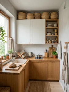 Small kitchen using decorative baskets above cabinets for extra storage.