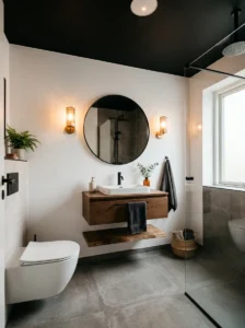 Small bathroom with black ceiling and white walls