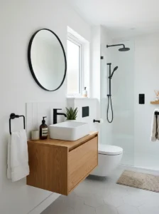 Black hardware making a small bathroom feel sleek and modern