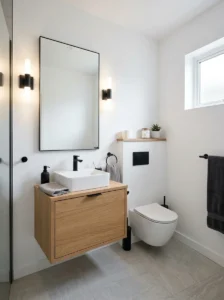 Small bathroom with matte black fixtures and modern decor