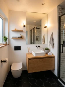 Small bathroom featuring sleek black flooring