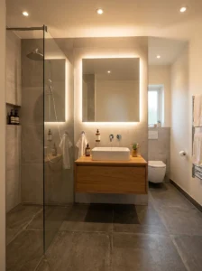 Large format bathroom floor tiles creating an open look