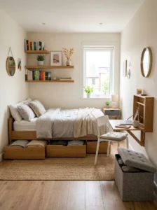 Multifunctional furniture maximizing storage in a small bedroom