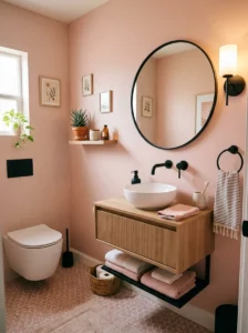 Small pink bathroom featuring black fixtures and modern decor