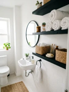 Black open shelves in a small white bathroom