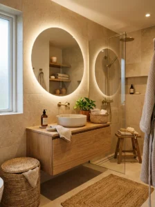 Beige spa bathroom tiles with warm modern styling