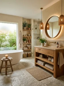 Textured stone bathroom flooring in a rustic modern bathroom