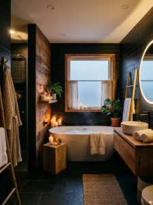 Black tile spa bathroom with cozy warm lighting