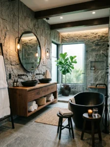 Grey stone bathroom with black lighting fixtures