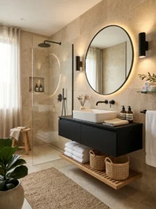 Beige stone tile bathroom with black vanity and warm decor