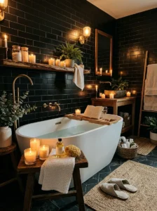 Spa-inspired black subway tile bathroom with warm decor