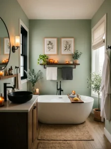 Spa-inspired green and black bathroom with calming decor