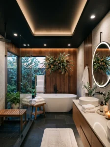 Cozy spa bathroom with dark ceiling and warm wood decor