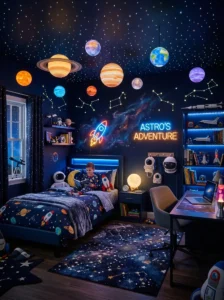 Fully decorated space-themed kids room with LED planets and galaxy lighting
