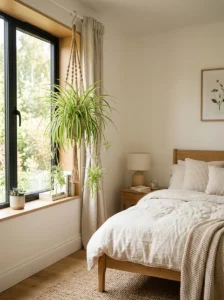Spider plant hanging in a cozy Scandinavian bedroom with natural sunlight and soft decor.
