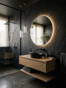 Textured black walls adding depth to a modern bathroom design