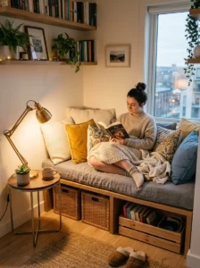 Small apartment reading nook with multifunctional furniture and hidden storage.