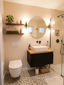 Small black cabinet in a tiny modern bathroom