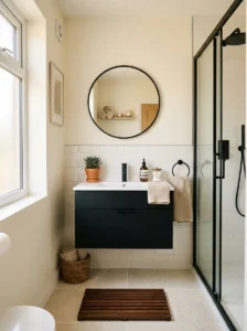 Small bathroom featuring a black vanity and white walls