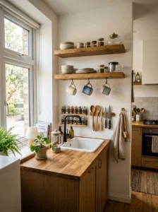 Small kitchen using vertical wall storage with floating shelves and hanging kitchen tools.