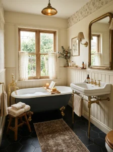Modern luxury bathroom with black hexagon tile flooring, matte black fixtures, floating wood vanity, white marble walls, warm LED lighting, geometric tile details, cozy spa-inspired decor, Pinterest-style photography, ultra realistic, vertical composition