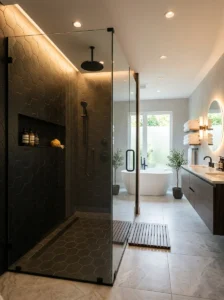 Walk-in shower with black hexagon tile walls and modern fixtures