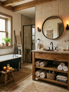 Beige rustic bathroom tiles with warm farmhouse decor