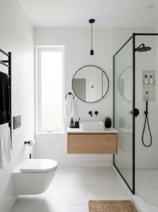 Black bathroom hardware accessories adding modern contrast to minimal bathroom