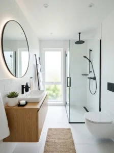 White bathroom with black fixtures creating a sharp and clean contrast