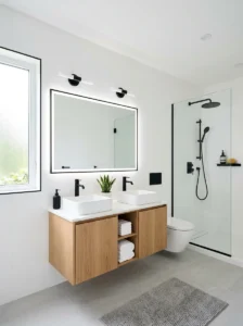 Black bathroom fixtures creating contrast in a clean white bathroom
