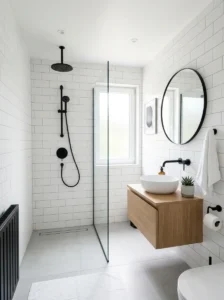 White bathroom tiles paired with black fixtures for a clean modern design