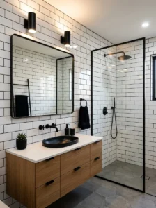 Glossy tile bathroom with black grout lines and modern design