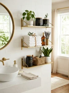 Gold bathroom shelves styled with black decor and white towels