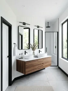 White bathroom with black trim creating clean contrast and structure